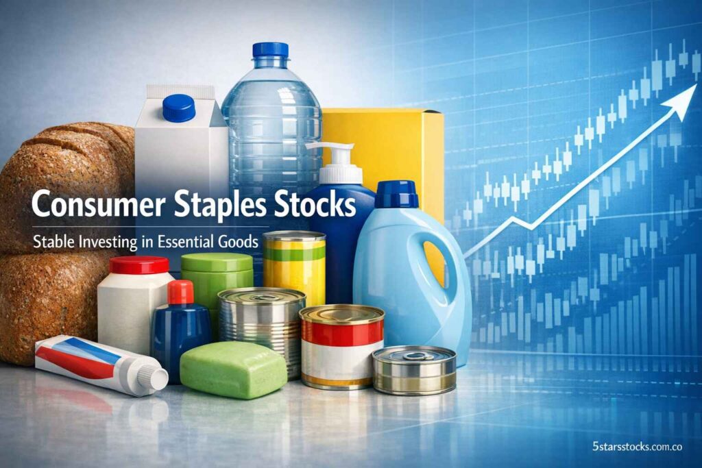 Consumer Staples Stocks investment concept with grocery products and stock market chart background