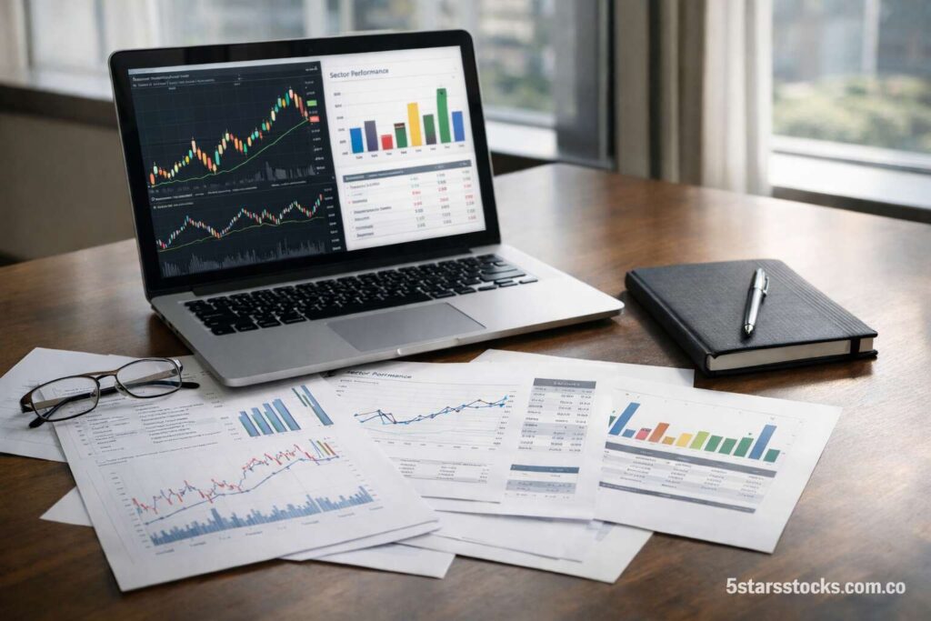 stock market research and financial analysis workspace with charts and investment reports