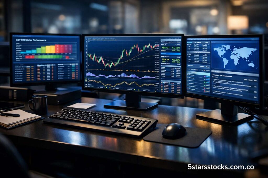stock market sector analysis dashboard displayed on multiple financial trading monitors